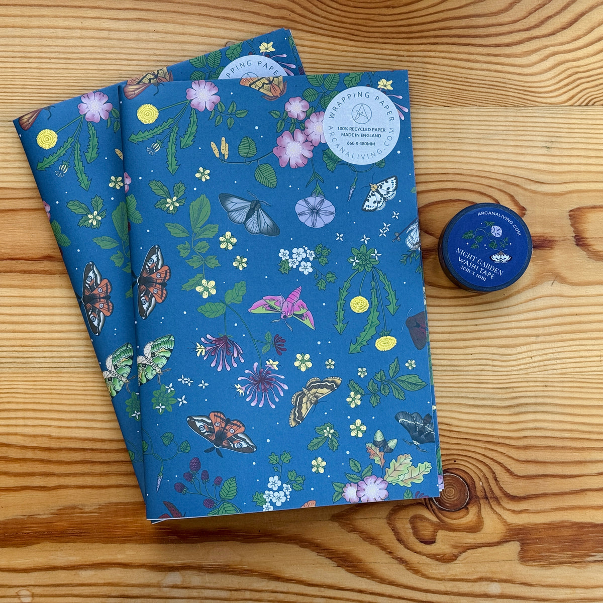 Night Garden Premium Recycled Wrapping Paper Set with Washi Tape
