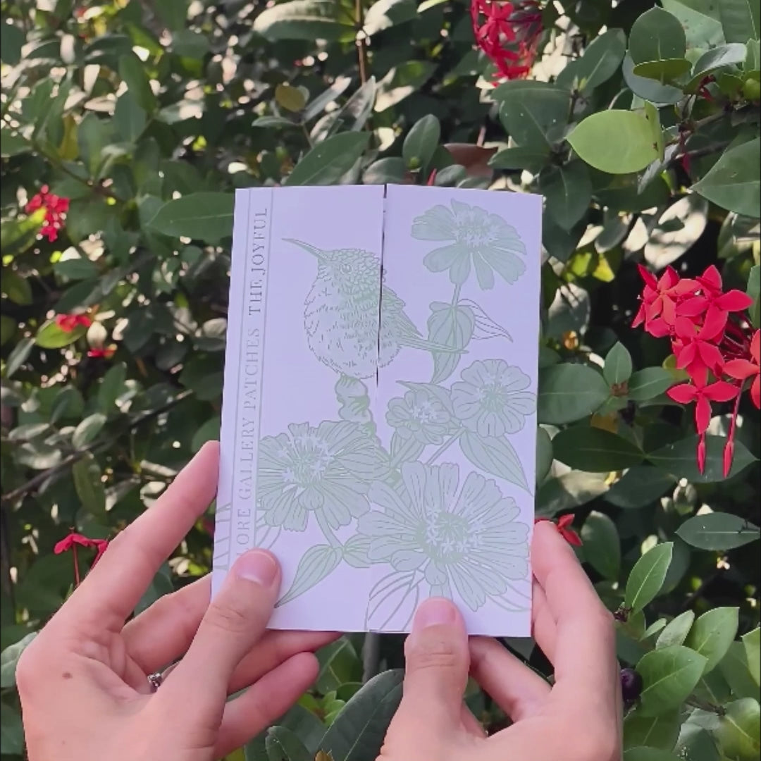 Hummingbird and Zinnia Embroidered Patch in gatefold card with science and story behind the species