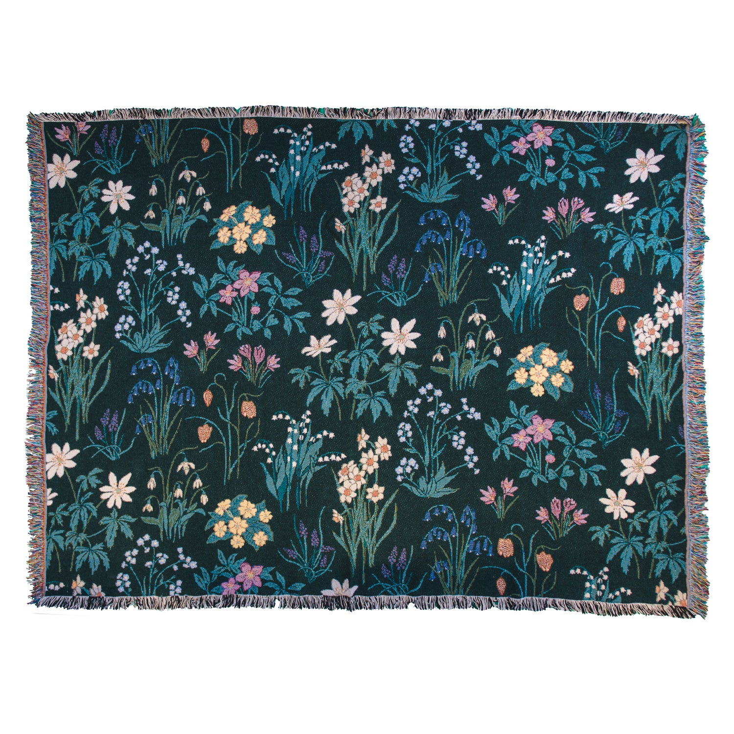 Spring flowers woven blanket in dark green with light coloured daffodils, forget me nots, primrose, anemones, lily of the valley, snowwdrops and  bluebells