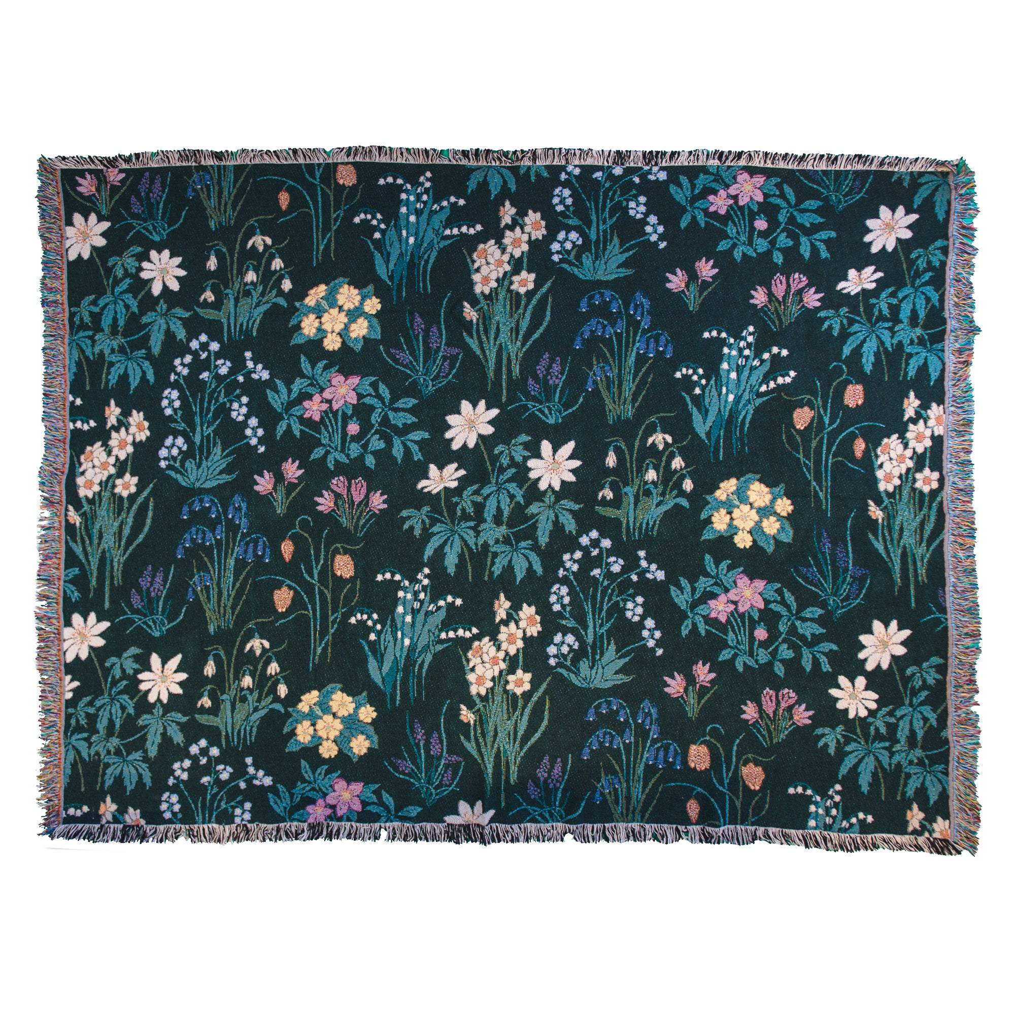 Spring flowers woven blanket in dark green with light coloured daffodils, forget me nots, primrose, anemones, lily of the valley, snowwdrops and bluebells
