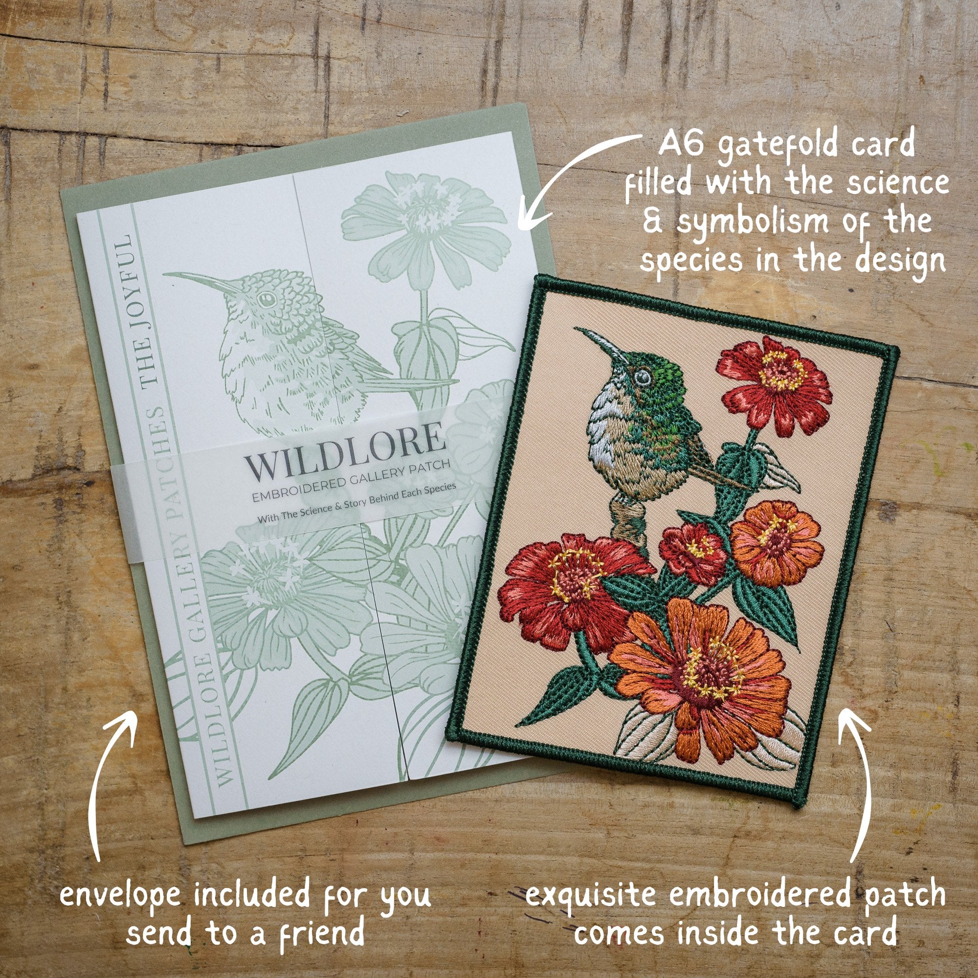 Hummingbird and Zinnia Embroidered Patch in gatefold card with science and story behind the species