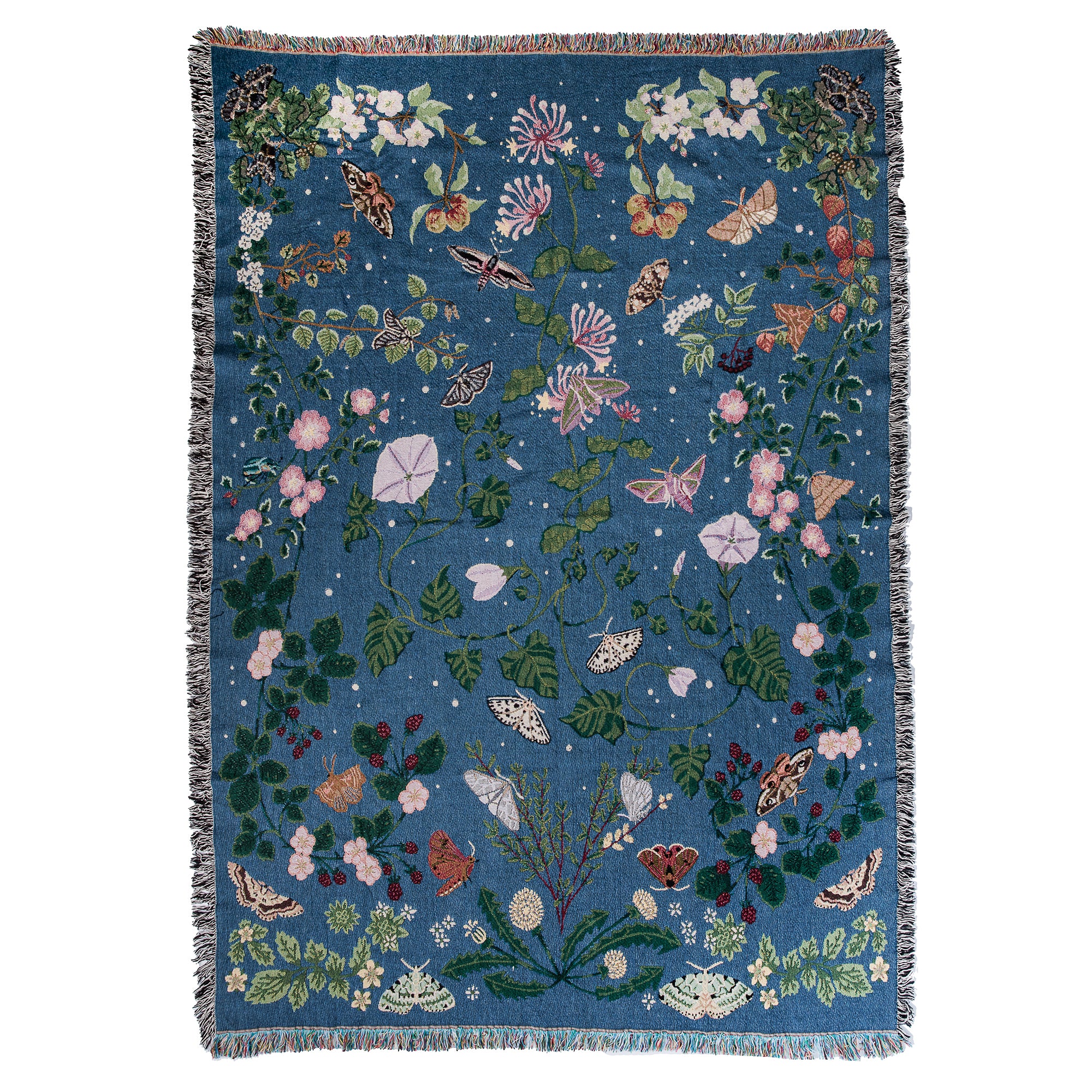 deep blue woven blanket with intricate moth and flower design and fringe