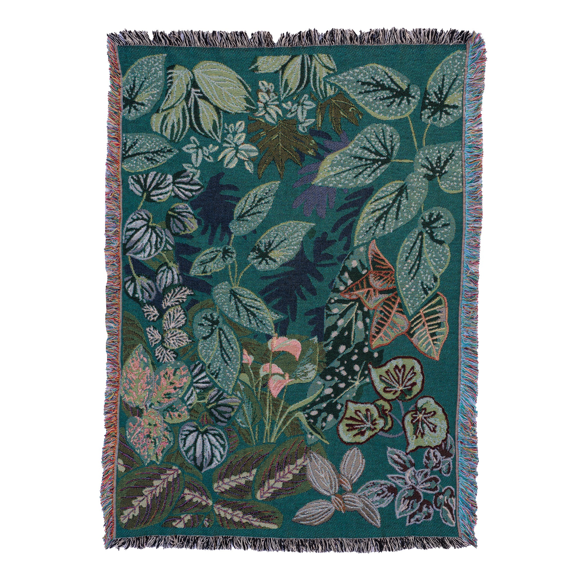 woven wrap blanket with fringe featuring lots of different houseplants