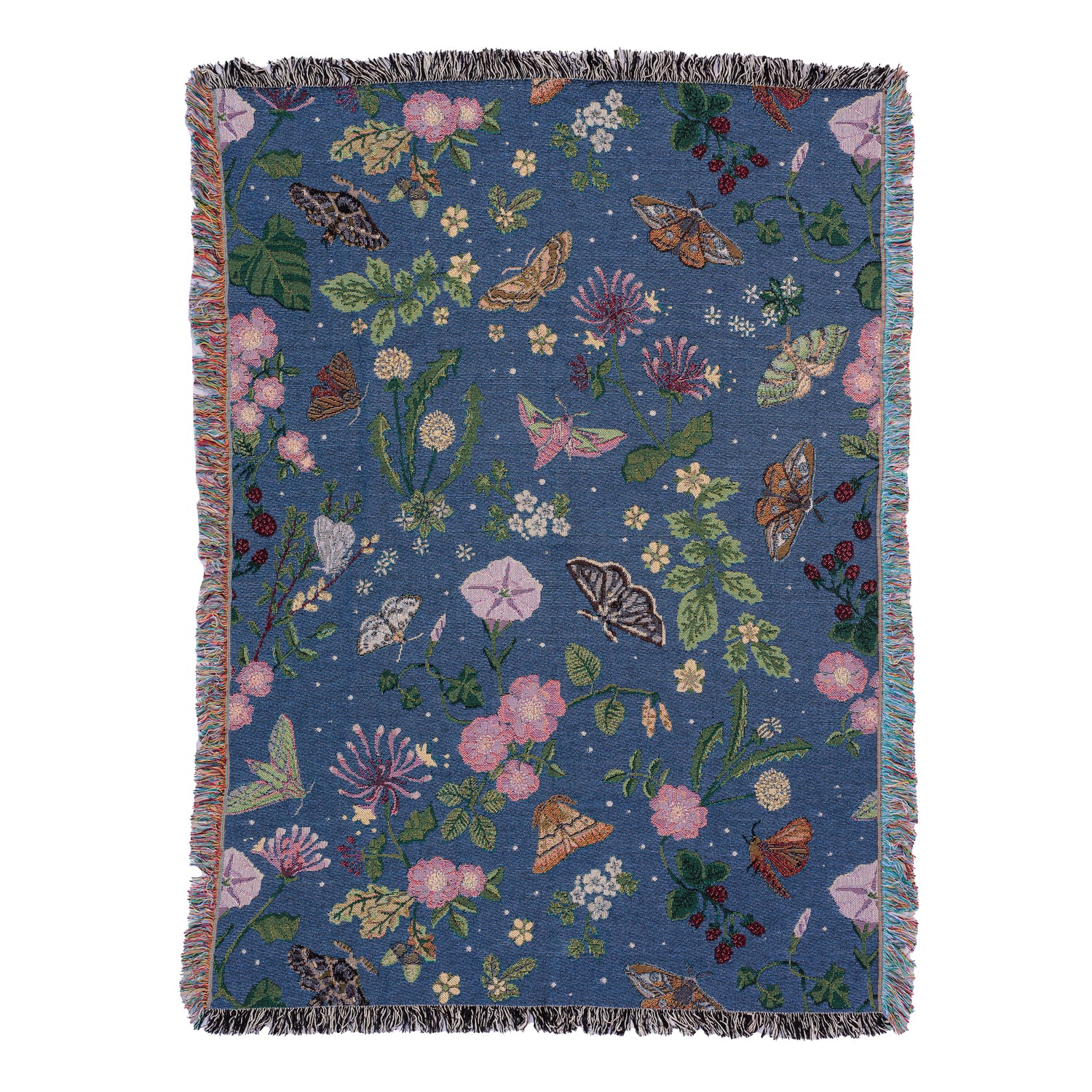 small dark blue woven wrap blanket with delicate moth and flower pattern