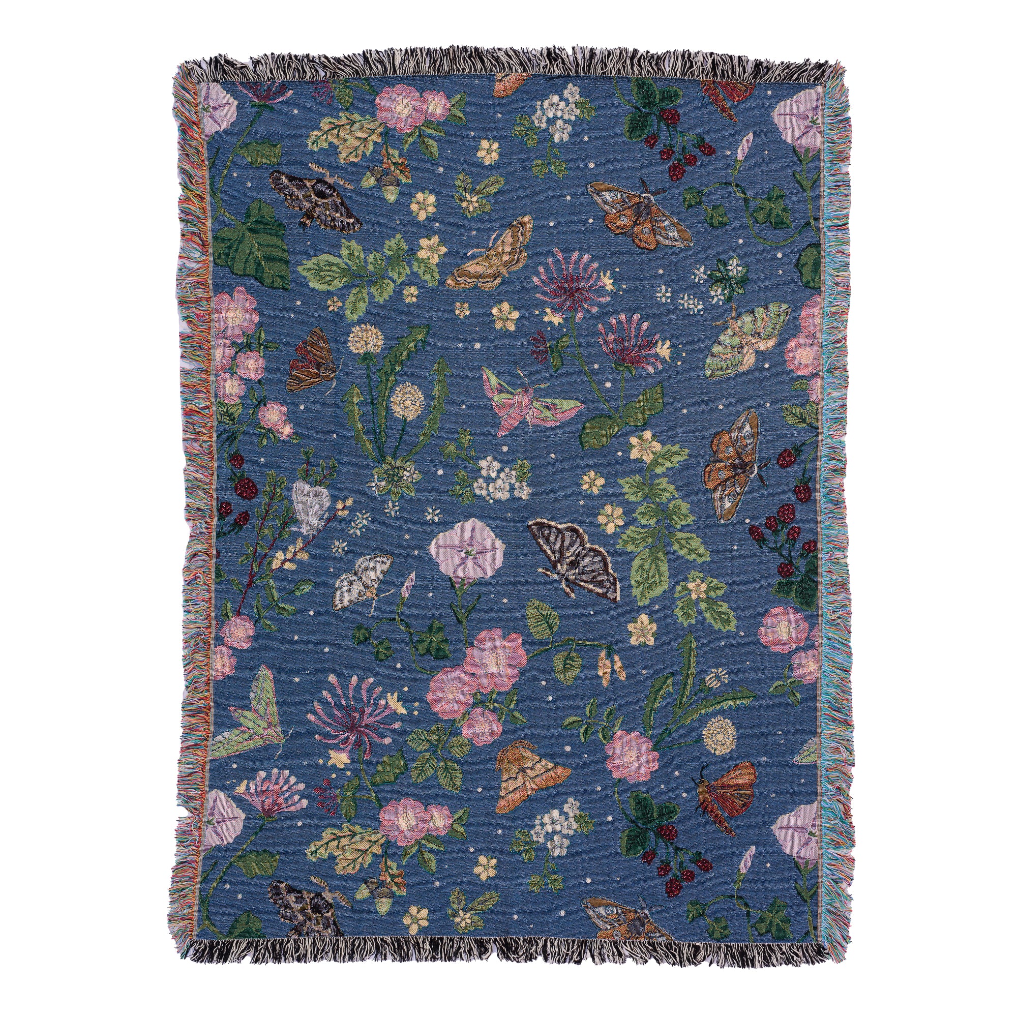 small dark blue woven wrap blanket with delicate moth and flower pattern