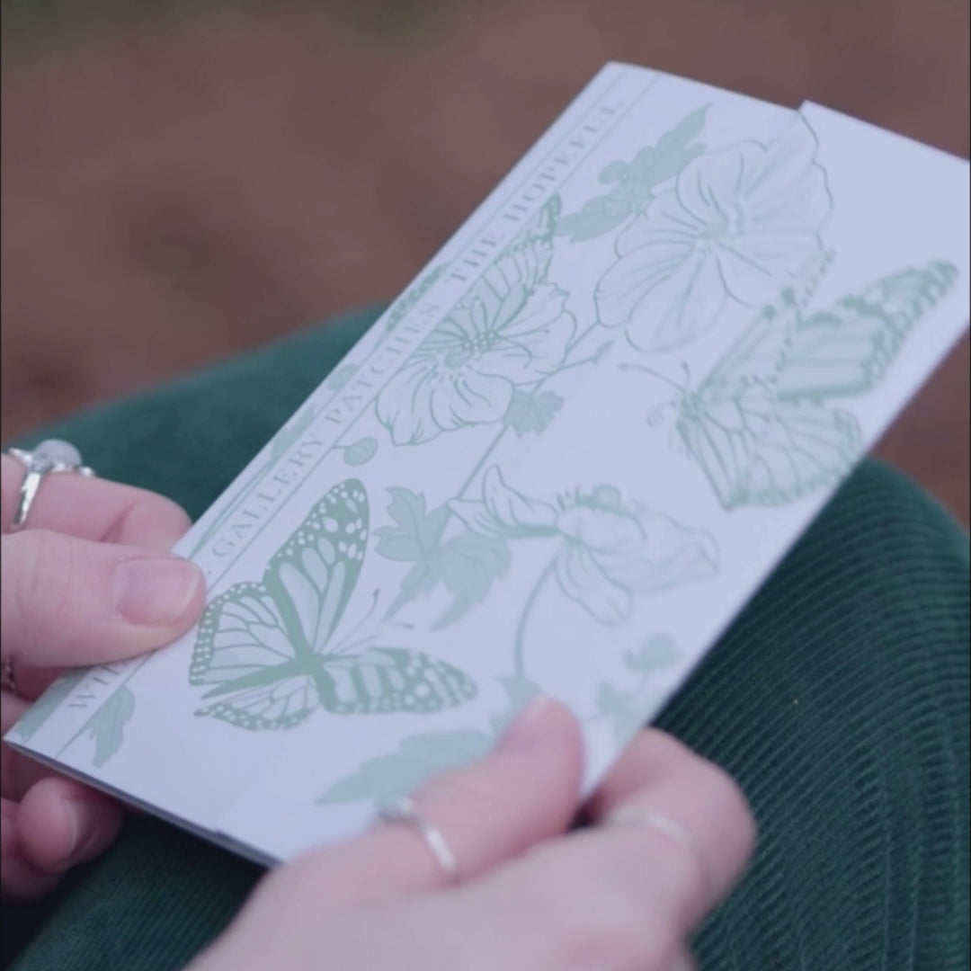 Monarch butterfly and Anemone flower Embroidered Patch in gatefold card with science and story behind the species