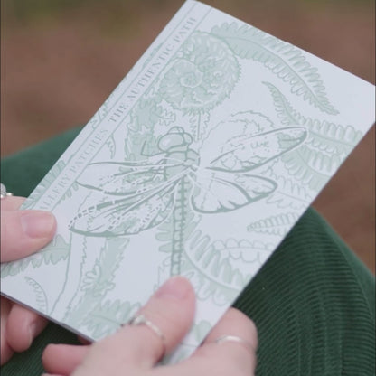 Dragonfly and Fern Embroidered Patch in gatefold card with science and story behind the species