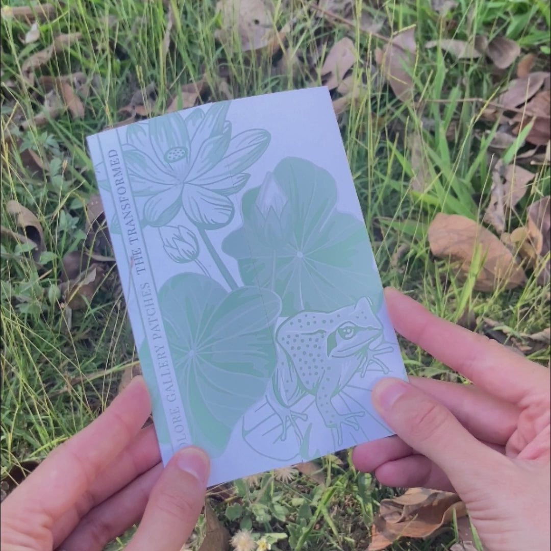 Frog and Lotus Embroidered Patch in gatefold card with science and story behind the species