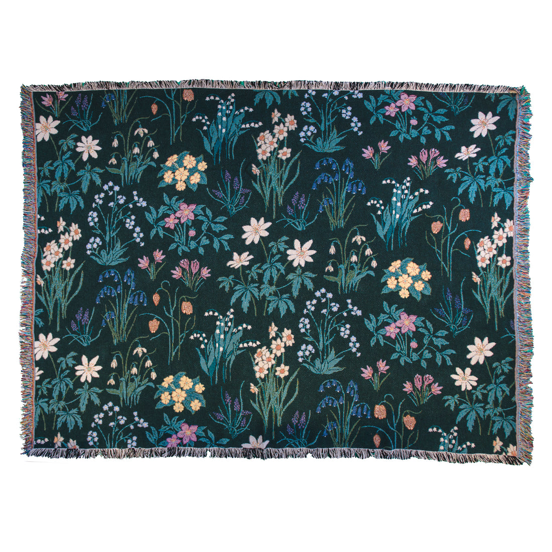 Spring flowers woven blanket in dark green with light coloured daffodils, forget me nots, primrose, anemones, lily of the valley, snowwdrops and  bluebells