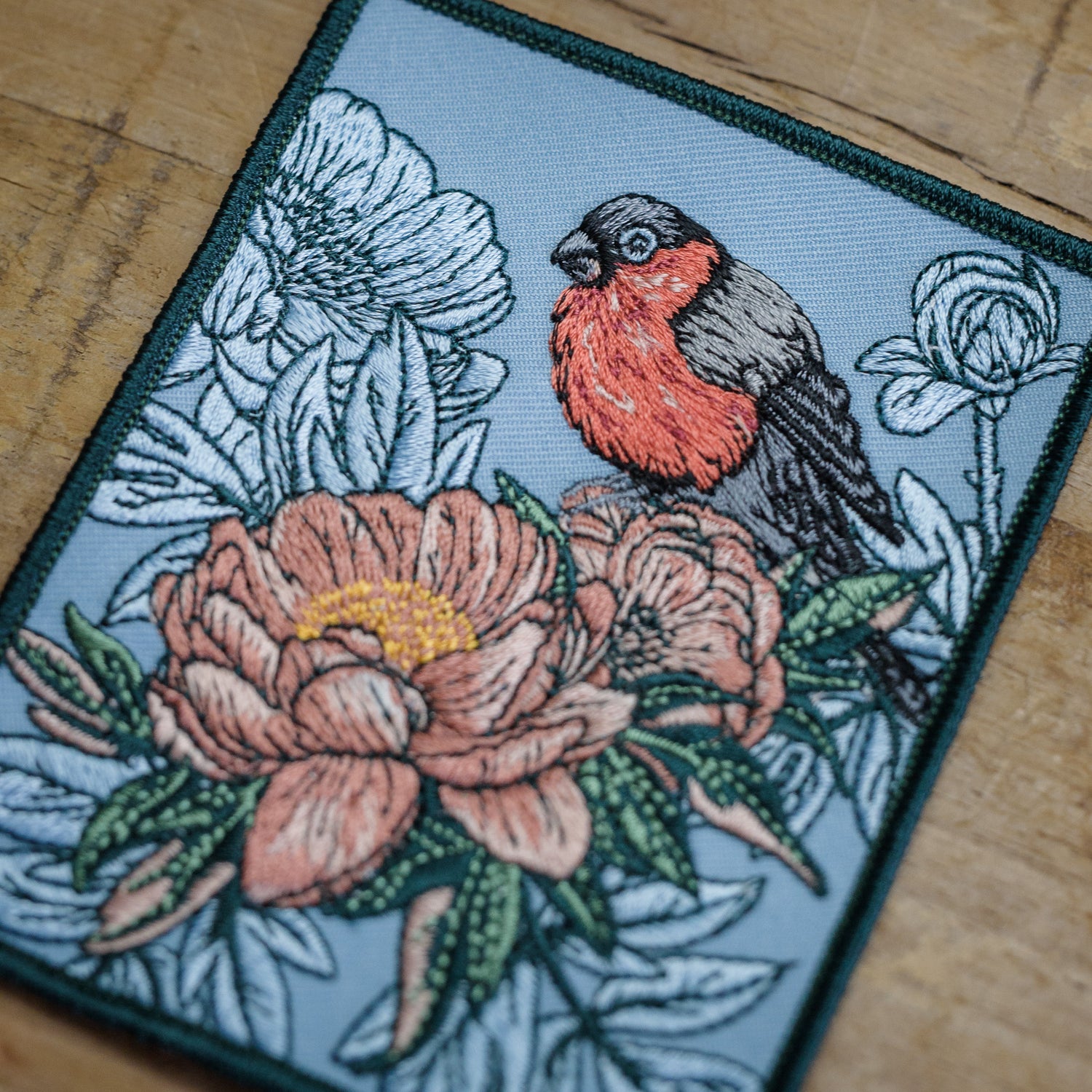 Bullfinch and Peony Flowers Embroidered Patch from WildloreFromArcana