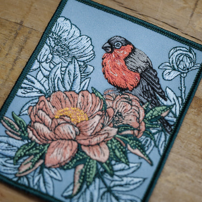 Bullfinch and Peony Flowers Embroidered Patch from WildloreFromArcana