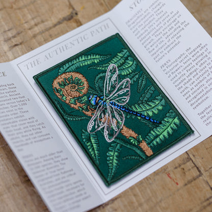 Dragonfly and Fern Embroidered Patch in gatefold card with science and story behind the species