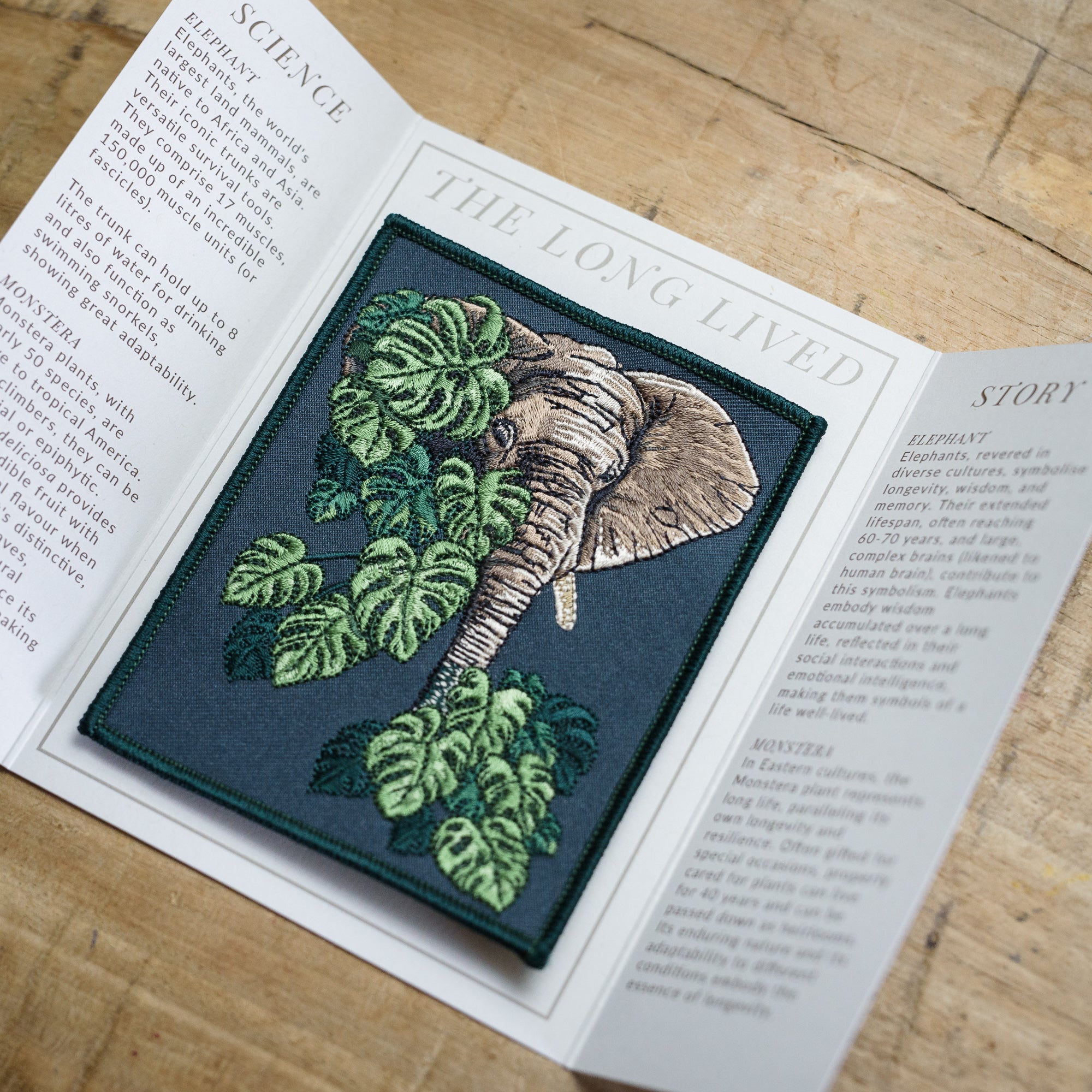 Elephant and Monstera Leaf Embroidered Patch in gatefold card with science and story behind the species