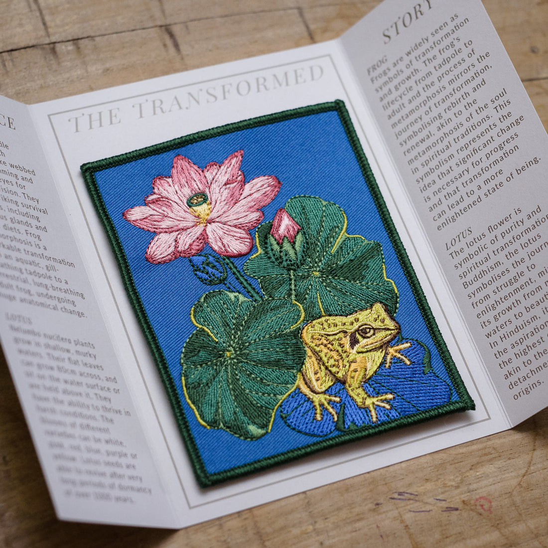 Frog and Lotus Embroidered Patch in gatefold card with science and story behind the species