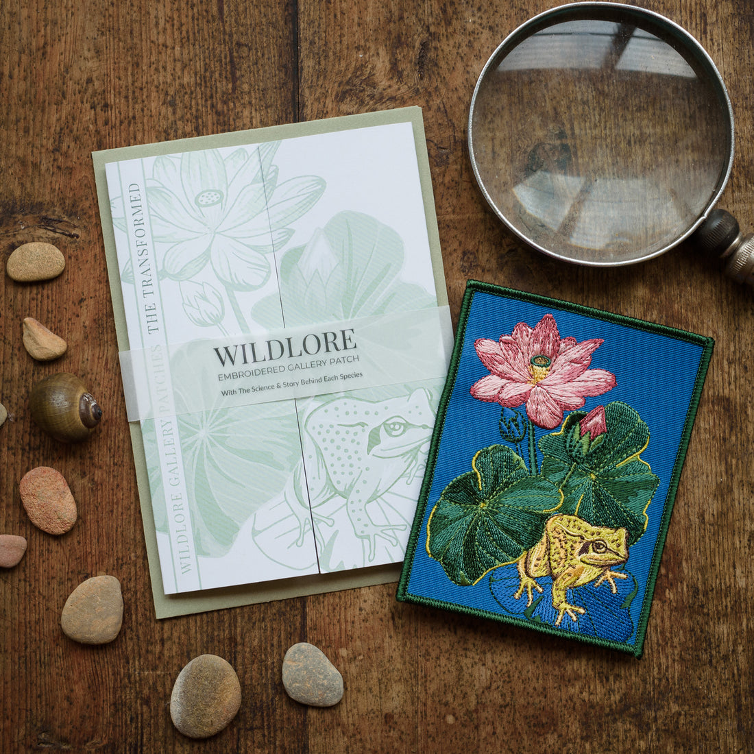 Frog and Lotus Embroidered Patch in gatefold card with science and story behind the species