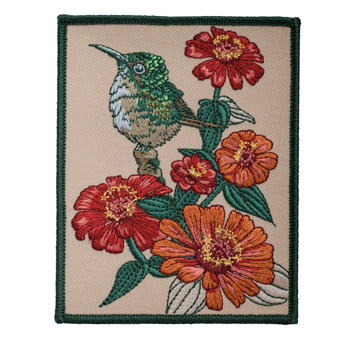 Detail of Hummingbird and Zinnia Embroidered Patch from WildloreFromArcana