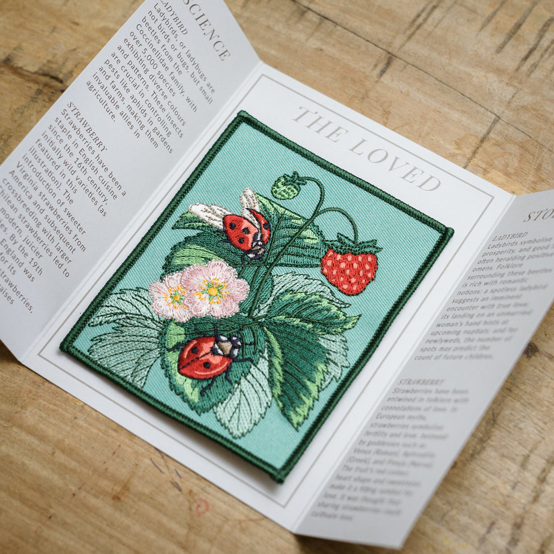 Ladybird and Strawberry Embroidered Patch in gatefold card with science and story behind the species