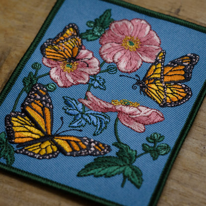 details of Monarch butterfly and Anemone flower Embroidered Patch