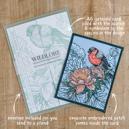 Bullfinch and Peony Flowers Embroidered Patch in gatefold card with science and story behind the species