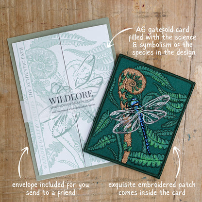 Dragonfly and Fern Embroidered Patch in gatefold card with science and story behind the species