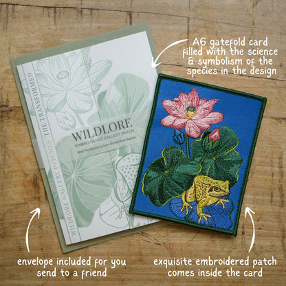 Frog and Lotus Embroidered Patch in gatefold card with science and story behind the species