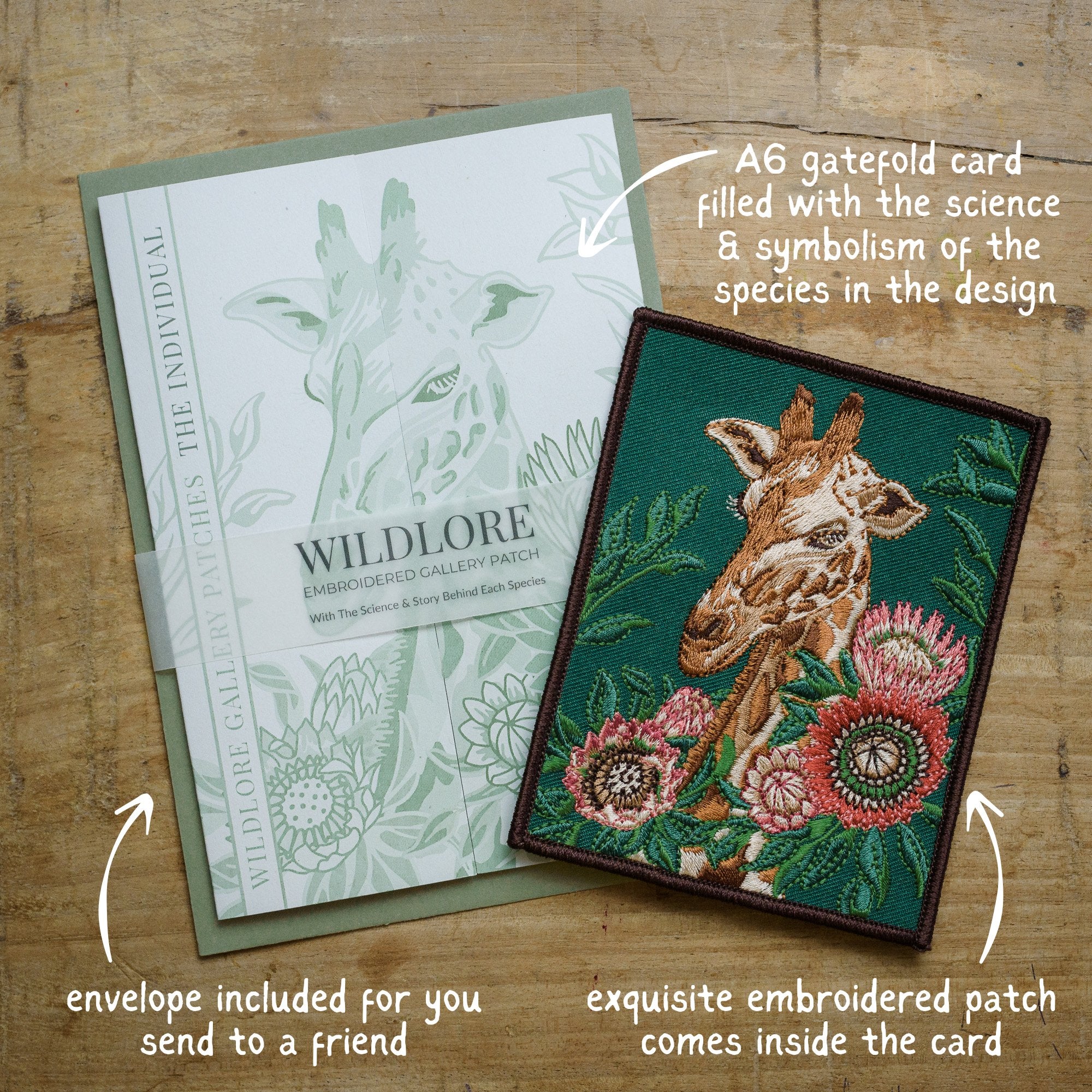 Giraffe and Protea Flower Embroidered Patch in gatefold card with science and story behind the species