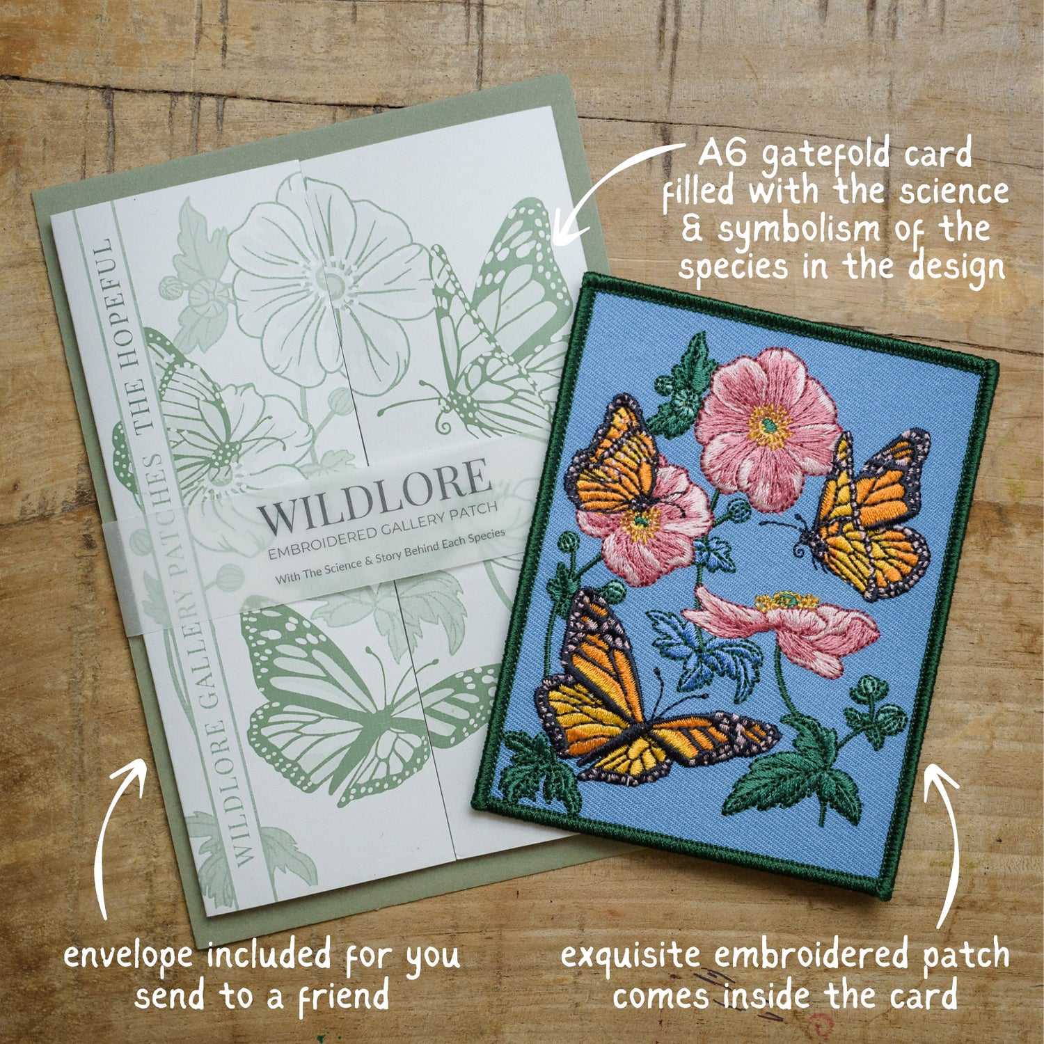 Monarch butterfly and Anemone flower Embroidered Patch in gatefold card with science and story behind the species