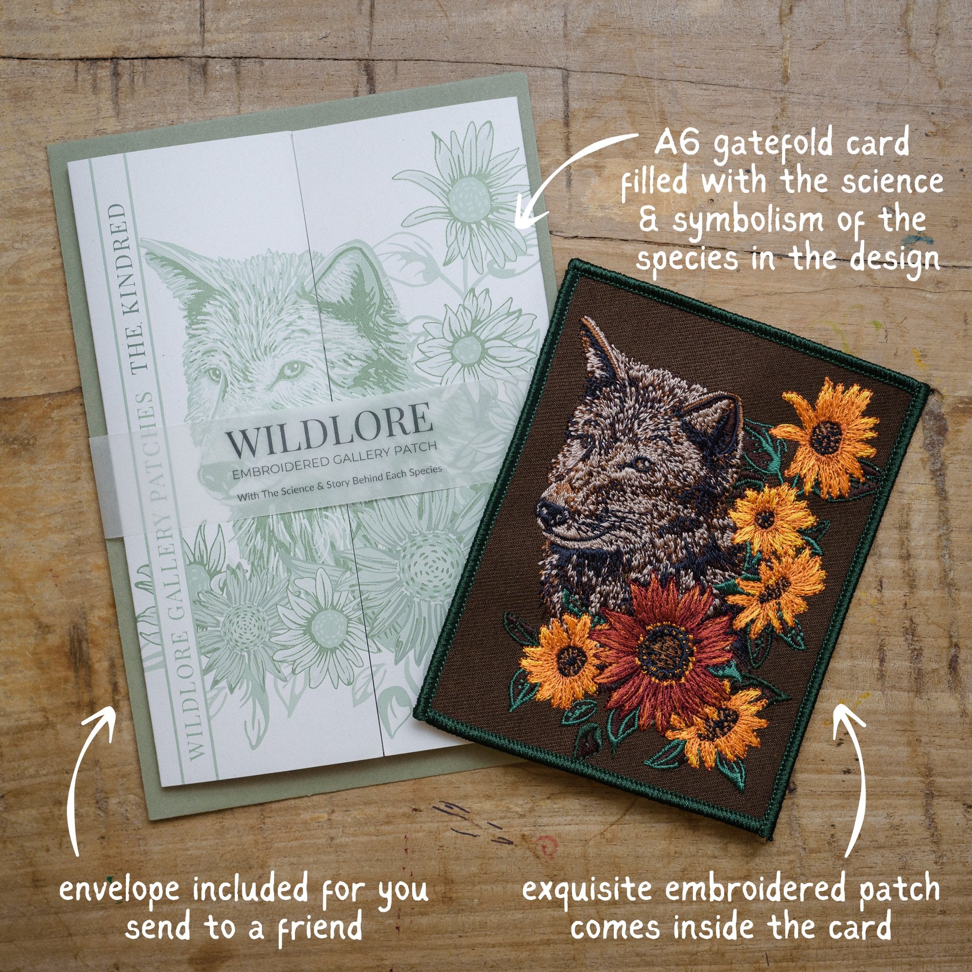 Grey Wolf and Sunflower Embroidered Patch in gatefold card with science and story behind the species