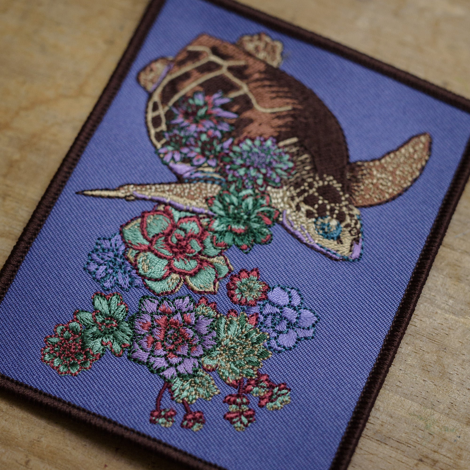 Turtle Succulent Embroidered Patch in gatefold card with science and story behind the species