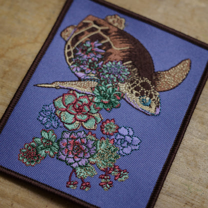 Turtle Succulent Embroidered Patch in gatefold card with science and story behind the species