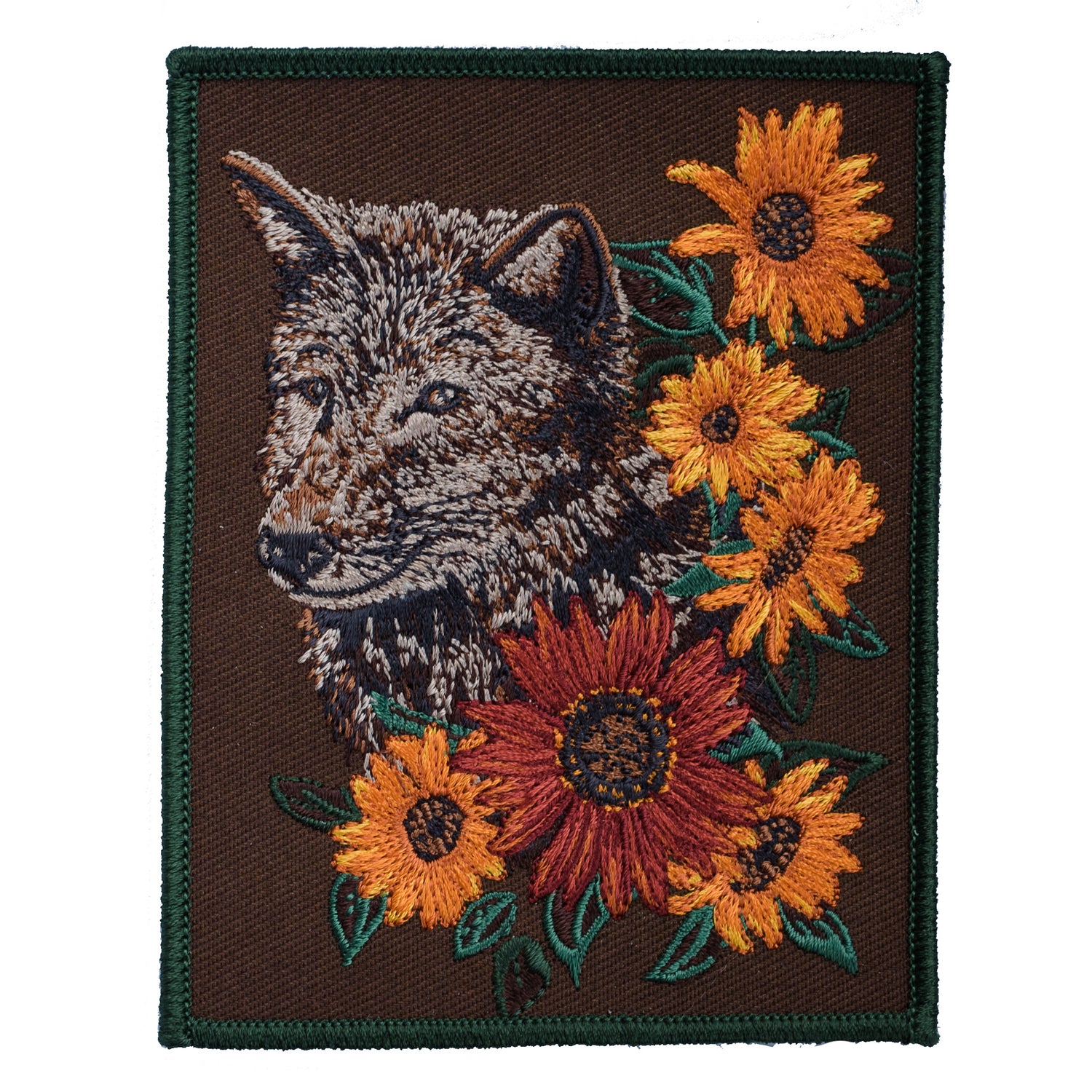 Detail of Grey Wolf and Sunflower Embroidered Patch from WildloreFromArcana