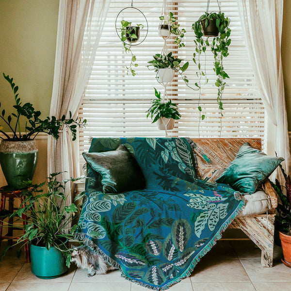 Blue and Green Houseplant Woven Blanket – Arcana