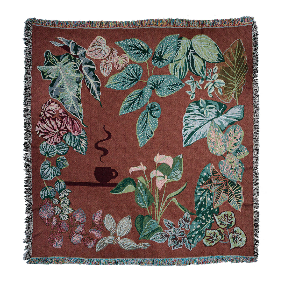 Burgandy woven throw blanket showing houseplants and a tea cup.
