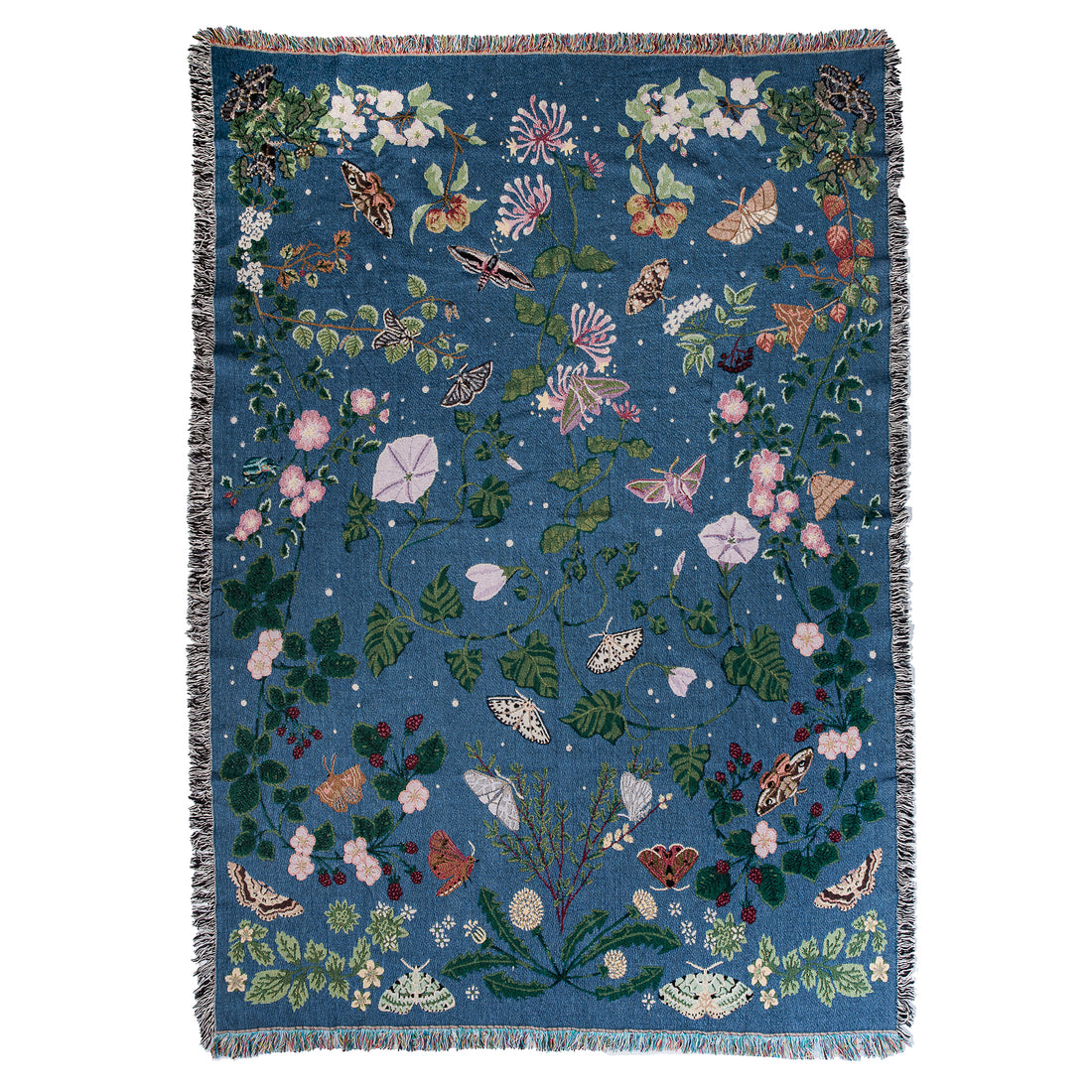 deep blue woven blanket with intricate moth and flower design and fringe
