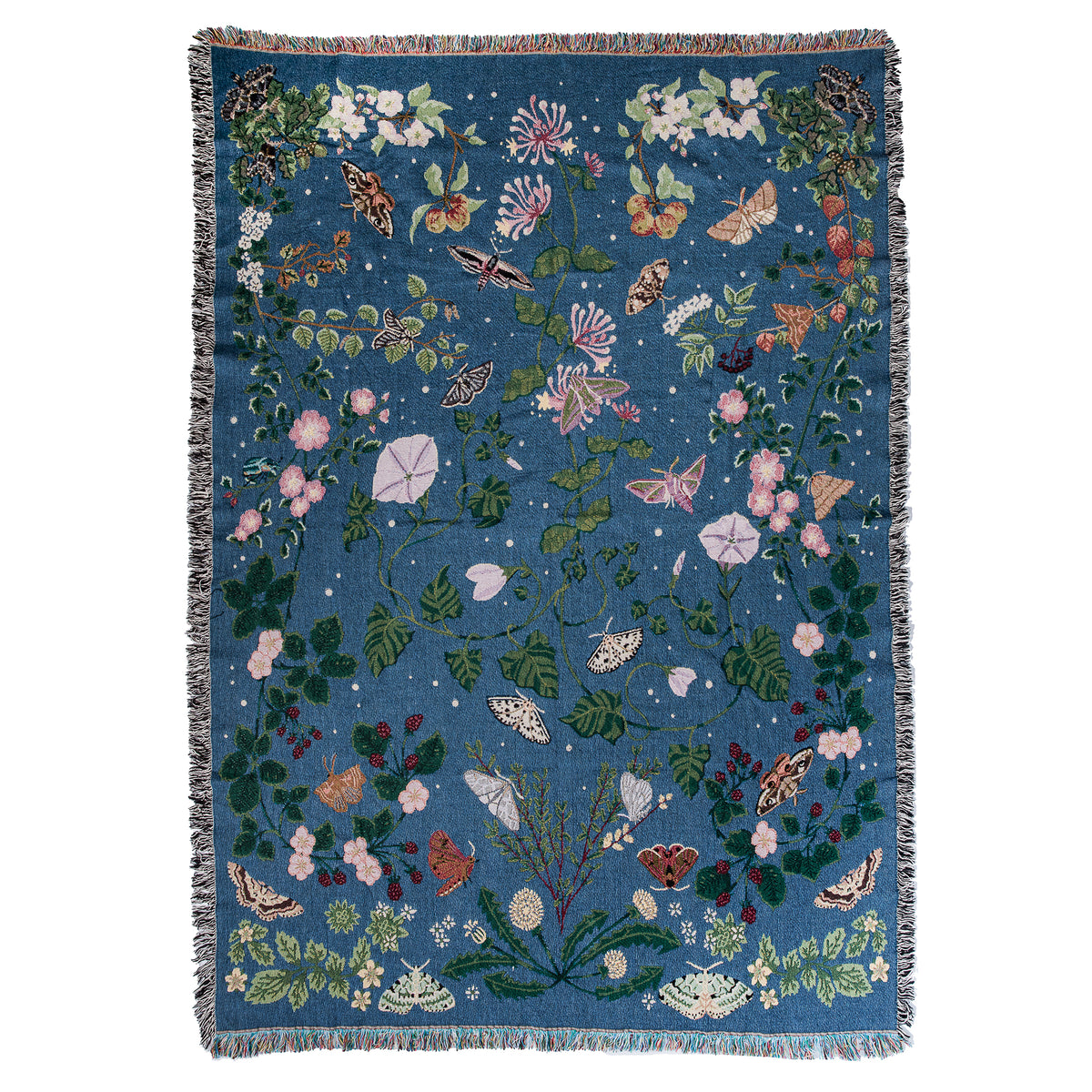 deep blue woven blanket with intricate moth and flower design and fringe