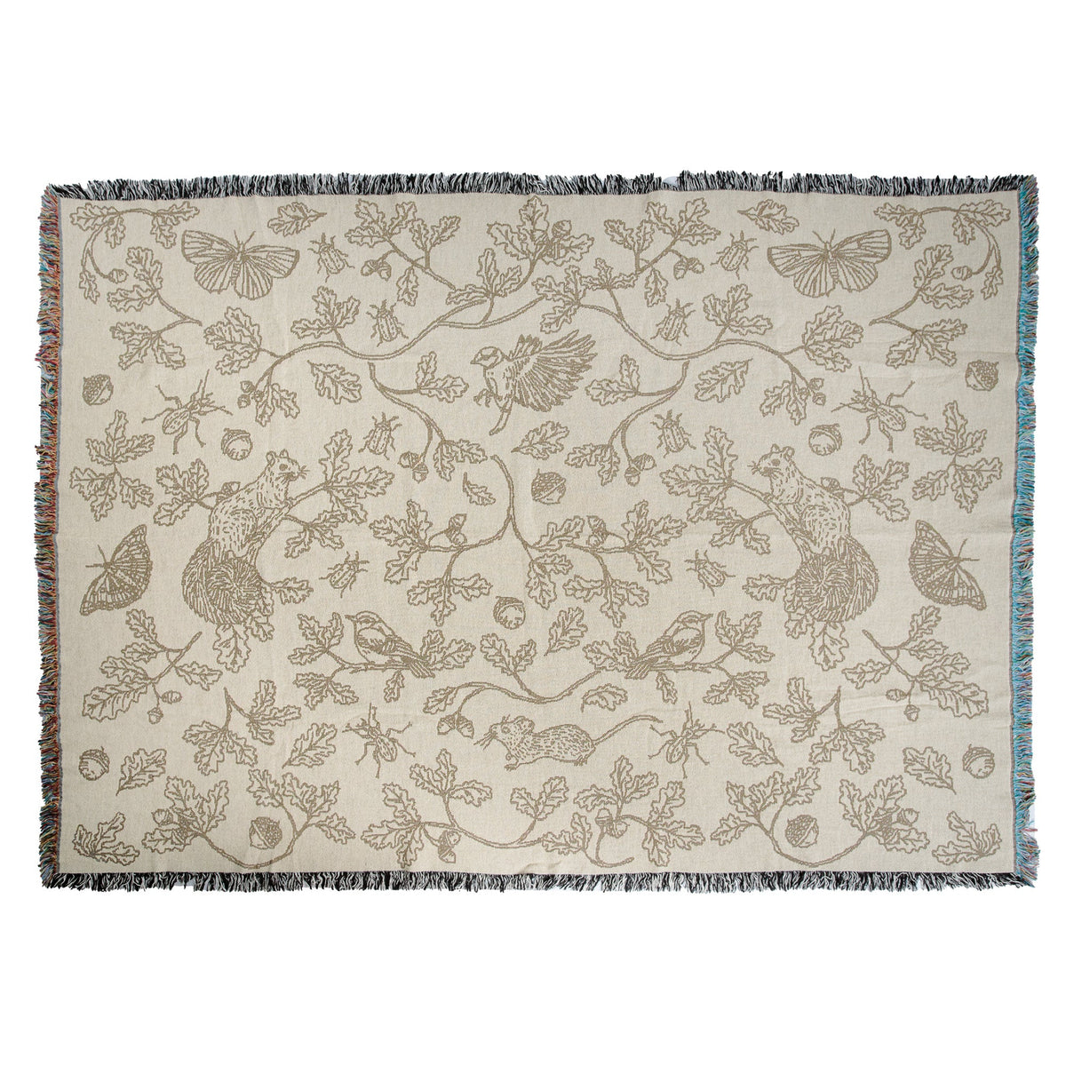 neutral tone decor cream two tone woven blanket featuring oak woodland butterfies , squirrels and birds
