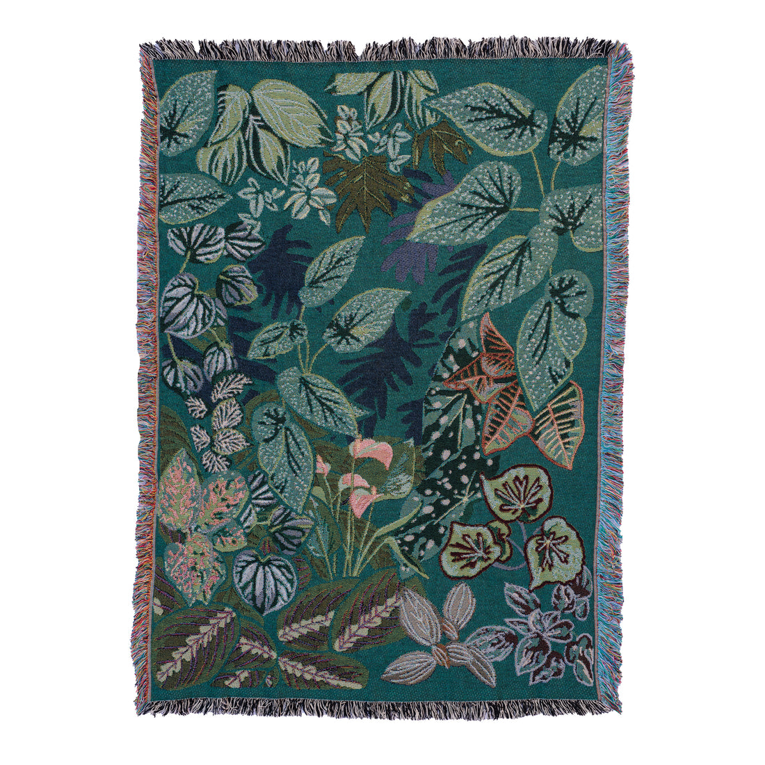 woven wrap blanket with fringe featuring lots of different houseplants