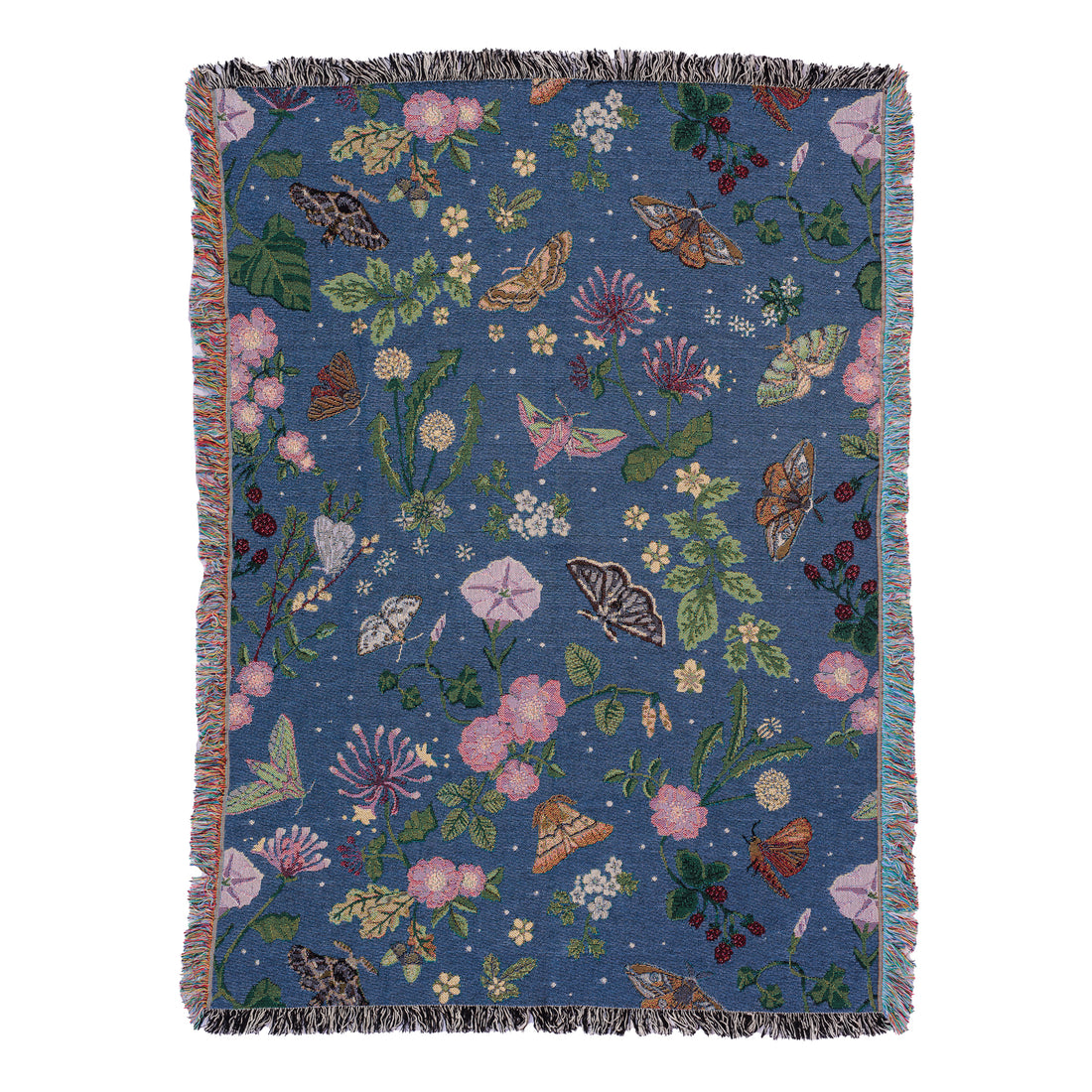 small dark blue woven wrap blanket with delicate moth and flower pattern